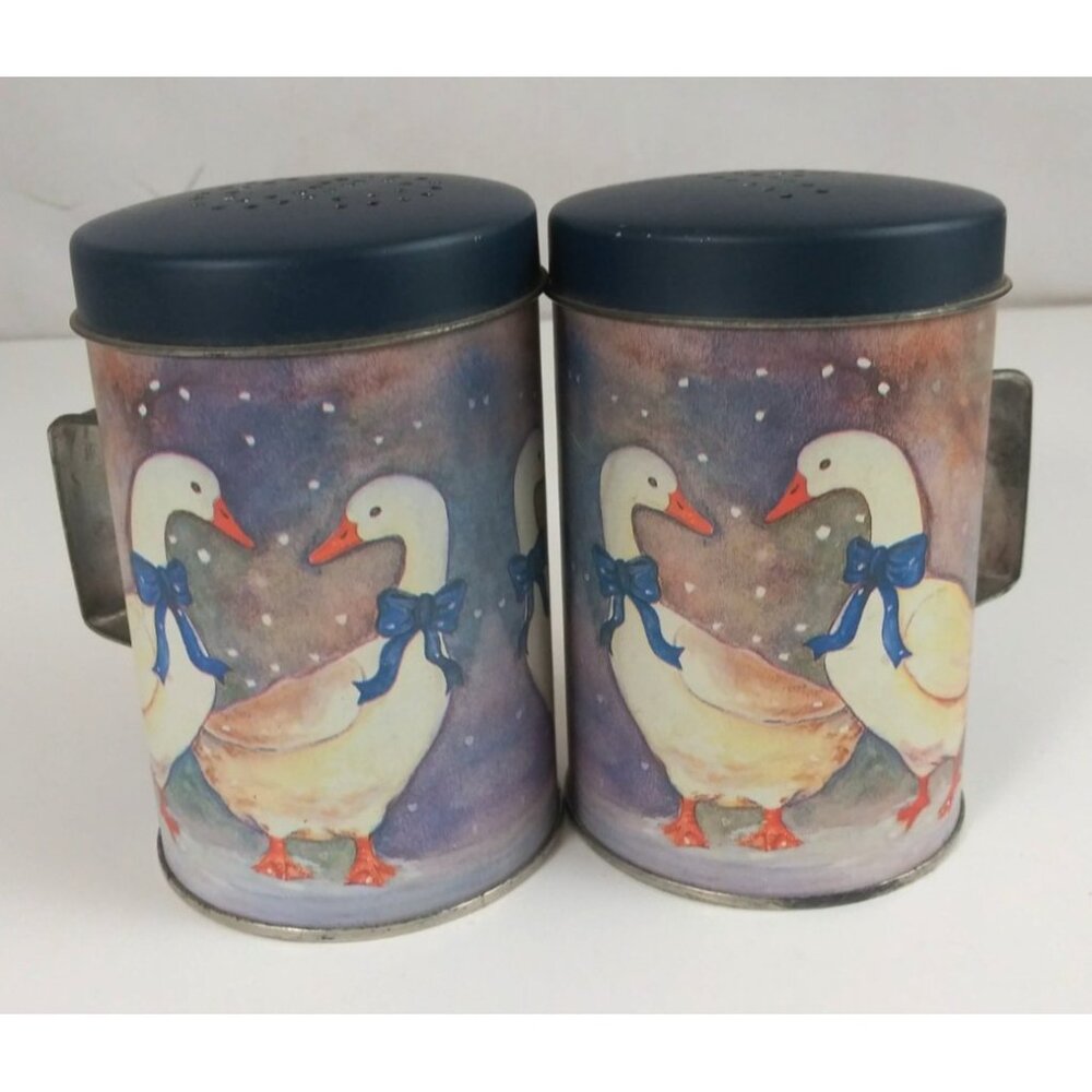 Vintage JSNY Winter Geese Goose With Blue Bows Tin Salt & Pepper Shakers